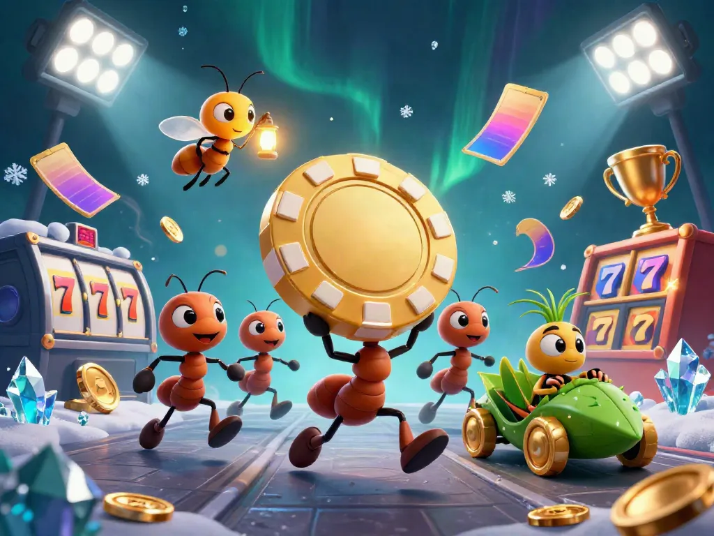 Experience the thrilling world of mb88 as animated ants execute a heist with a golden poker chip in a vivid casino scene.