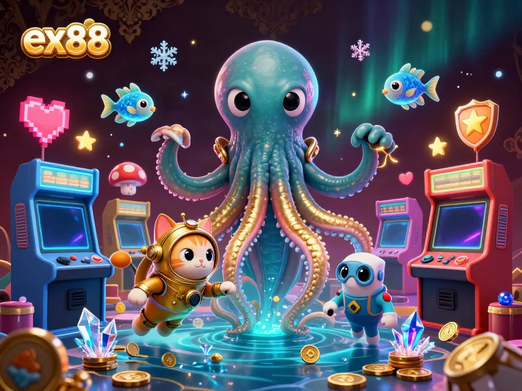 Join the adventure at ex88 with the kraken, cat diver, and glowing deep-sea fish in a vibrant casino world.
