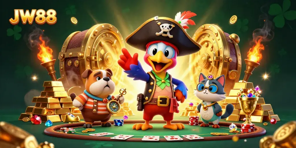 JW88 shows a vibrant 3D pirate scene with card games, treasure, and characters engaging in gaming excitement.