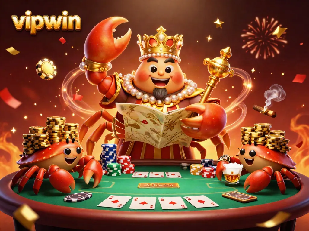 Experience the thrill of winning with vipwin in this interactive casino scene, featuring a golden crab emperor and vibrant poker elements.
