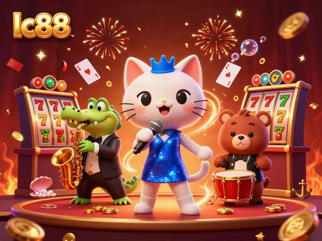 Engage with lc88's vibrant casino scene featuring a musical cat, crocodile, and bear in a lively atmosphere.