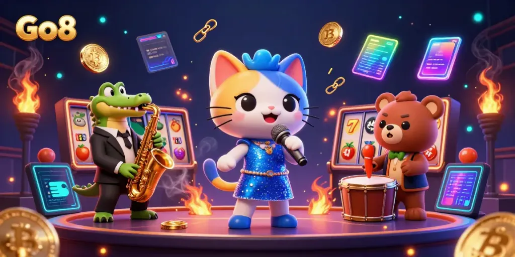 Go8 casino scene featuring a jazz-singer cat, saxophone crocodile, and bear cub surrounded by vibrant slot elements.